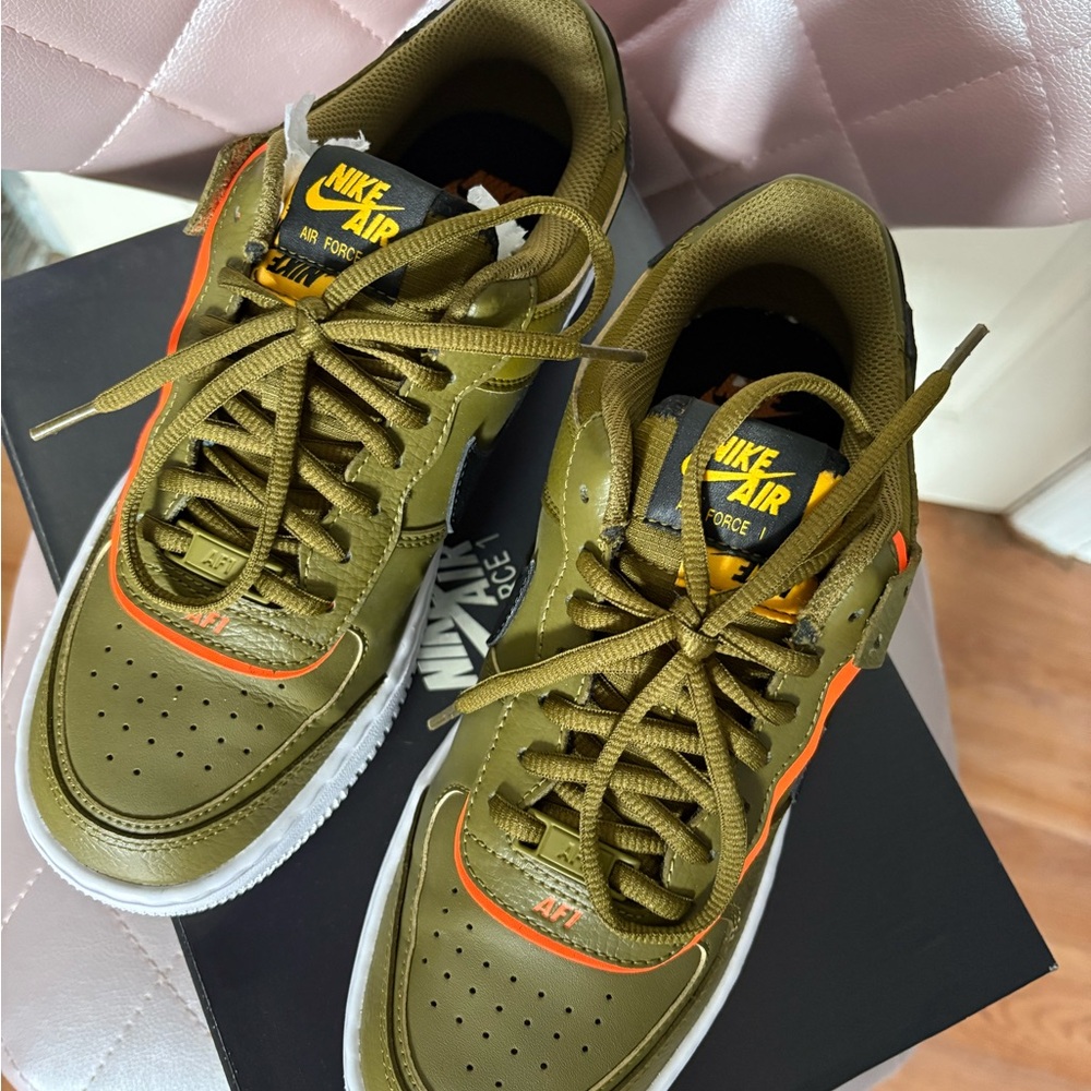 Nike Air Force 1 Olive and Orange Sneakers